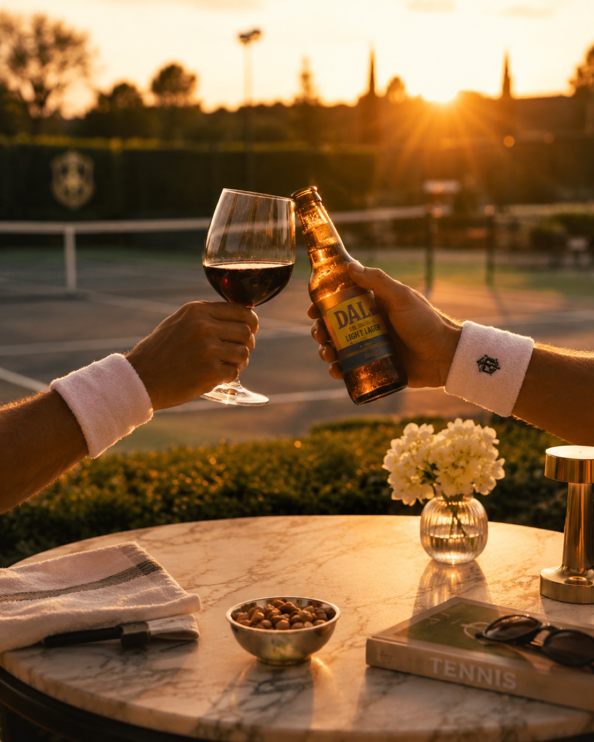 Courtside toast after tennis at golden hour